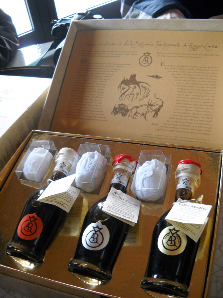 A boxed set of 3 traditional balsamic vinegars from Emilia-Romagna